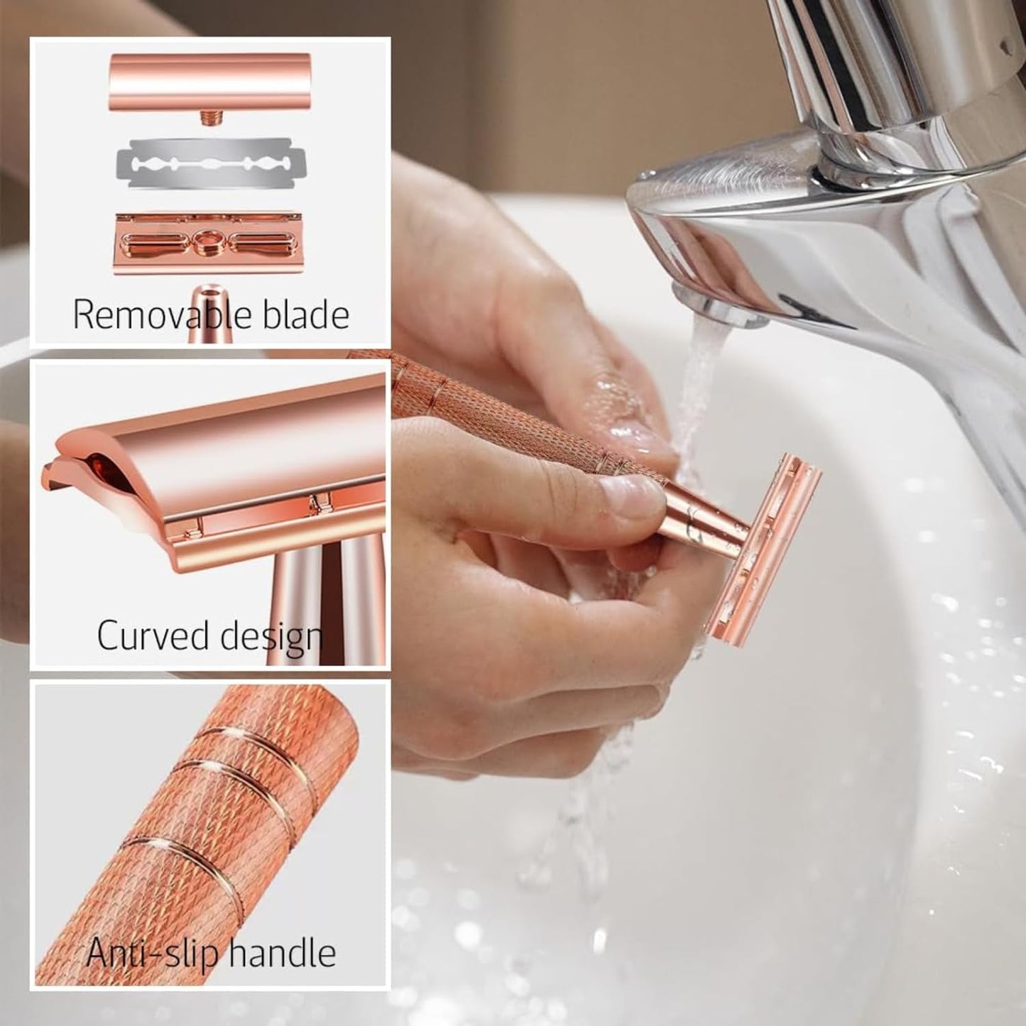 Jodial™ Razor, Safety Razor for Women with 10 Double Edge Safety Razor Blades, Double Edge Razor, Reusable Razor, Plastic Free – Rose Gold