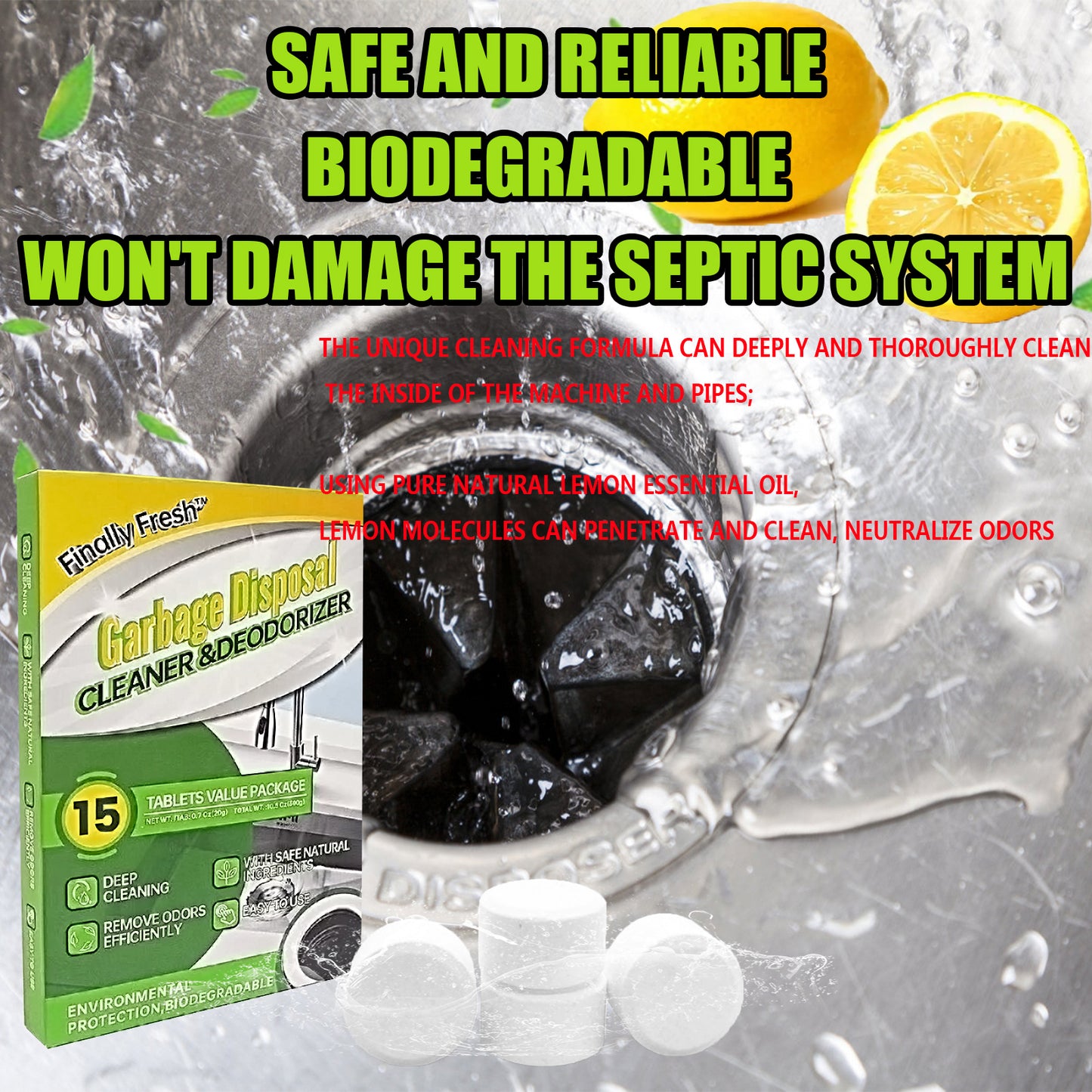 Finally Fresh Garbage Disposal Cleaner And Deodorizer, Foaming Drain Cleaner, Kitchen Sink Drain Freshener And Cleaner, 15 Tablets.